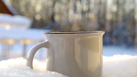 Thermos With A Steaming Mug Of Hot Drink Stands In The Snow Winter