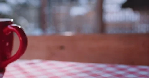 Steaming Cup of Hot Drink in Snowy Winter Morning. 4K DCi SLOW MOTION 120 fps. Stock Footage 67218278