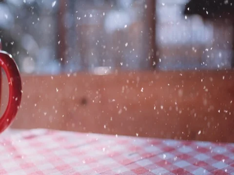 Steaming Cup of Hot Drink in Snowy Winter Morning. 4K DCi SLOW MOTION 120 fps. Stock Footage 70569412