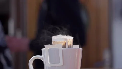 Steaming Drip Coffee on Ship Deck in Antarctica Stock Footage 335080101