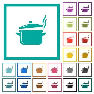 Steaming glossy pot with lid flat color icons with quadrant frames Stock Illustration