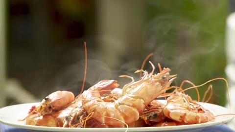 Steaming Hot Boiled Black Tiger Shrimps On Plate Close Up 4K Stock Footage 322148945