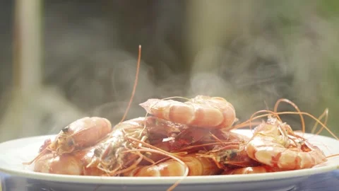 Steaming Hot Boiled Black Tiger Shrimps On Plate Close Up 4K Stock Footage 322148980