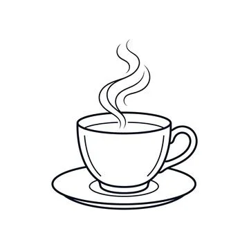 Steaming hot coffee cup and saucer outline art for cafe or restaurant menu. イラスト素材