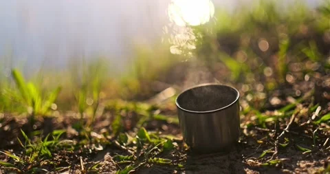 Steaming hot cup of tea in nature Stock Footage 212108988