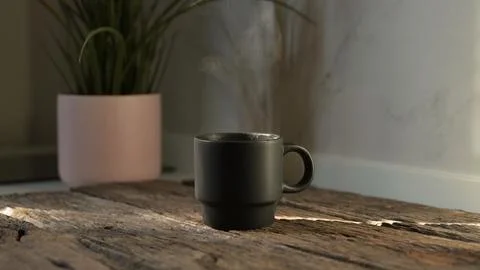 Steaming hot espresso mug on rustic wooden table cozy kitchen setting warm drink Stock Photos