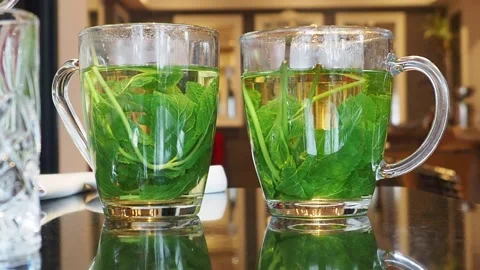 Steaming Hot Mint Tea In Transparent Glass Mugs, London, UK Stock Footage 225273992