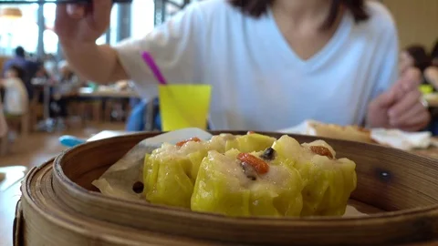 Steaming hot Shrimp Dim Sum in Bamboo bowl. Stock Footage