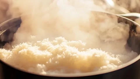 Steaming Hot White Rice Cooking in a Pot on the Stove Stock Footage 301424907