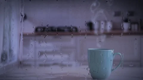 Steaming Mug Of Hot Tea Or Coffee Standing In Front Of The Window And Raindrops  Stock Footage 231049464