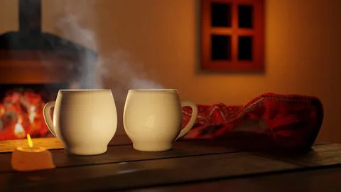 Steaming mugs on a table with a fireplace in the background Stock Illustration