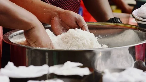Steaming putu piring at bazaar Ramadan Stock Footage 92003789