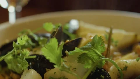 Steaming Seafood Chowder Served and Eaten with Spoon Stock Footage 314491527