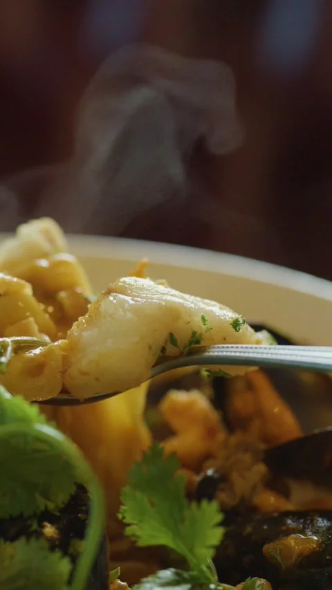 Steaming Seafood Chowder Served and Eaten With Spoon Stock Footage 314868769