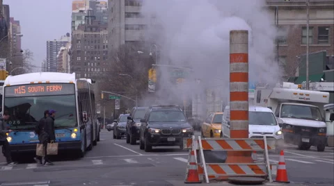 A steaming smoke stack on 2nd Avenue in Manhattan Stock Footage 51304568