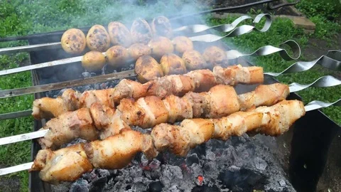Steaming Tasty Shish Kebab is Fried on Coals. clouse up/1080p 動画素材 75837745