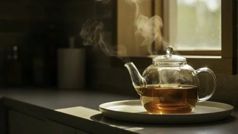 Steaming teapot with tea on a tray by the window. Concept of relaxation, mo.. Stock Footage 306123229