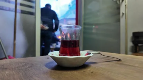 Steaming Traditional Turkish Tea in Authentic Local Tea House Stock Footage 324896741