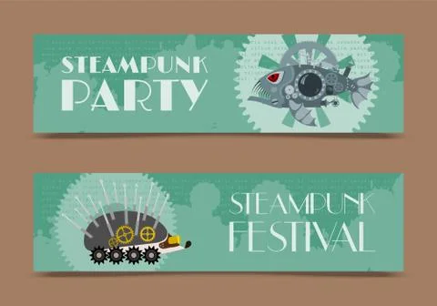Steampunk animal set of banners vector illustrations for party or festival Ilustração Stock