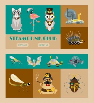 Steampunk animal set of banners vector illustrations for party or festival Illustrazione stock