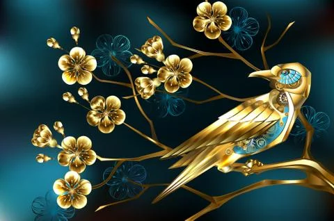 Steampunk bird with sakura Stock Illustration