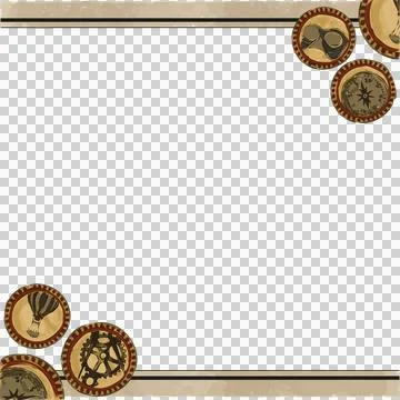 Steampunk border is featuring teal, beige strips, medallions with travel icons イラスト素材