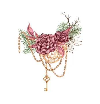 Steampunk bouquet two roses pine gears chains watercolor Stock Illustration