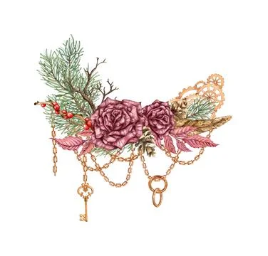 Steampunk bouquet two roses pine feather gears chains watercolor Stock Illustration