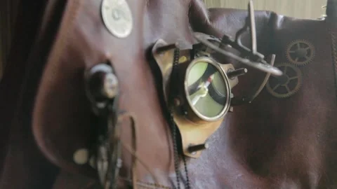 Steampunk Brass Compass and Gears on Leather Jacket Stock Footage 345279168