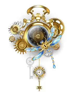 Steampunk clock with mechanical dragonfly Stock Illustration