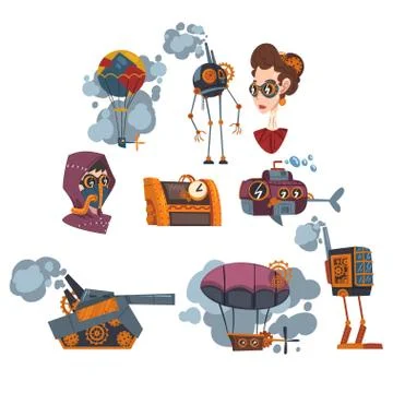 Steampunk Design Elements Set, Mechanical Engineering Devices and Portraits of Illustrazione stock
