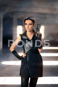 Steampunk Female Warrior with Gun in Post Apocalyptic Ruins Stock Photos