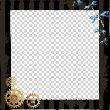 Steampunk frame is showing teal panel border golden gears blue butterflies, Stockillustratie