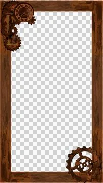 Steampunk frame is showing weathered brown with analog clock face, gears, Stock Illustration