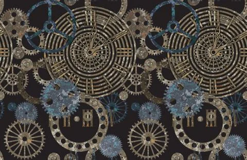 Steampunk gear collection with rust texture seamless pattern Stock Illustration