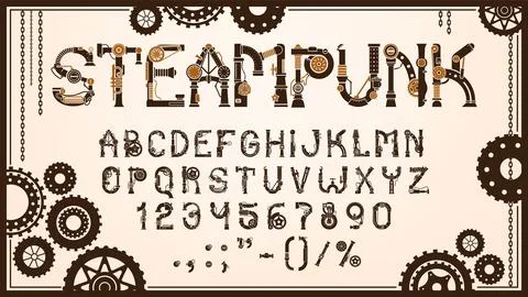 Steampunk gear font, mechanic machine typeface Stock Illustration