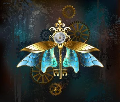 Steampunk key with blue wings Stock Illustration