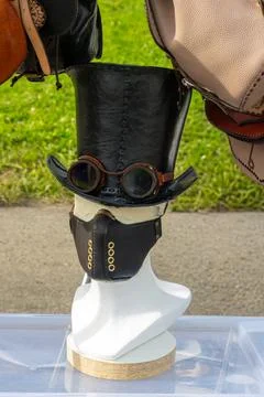 Steampunk Leather Top Hat Goggles and Mask on Mannequin Head Stock Photos