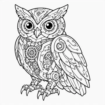 Steampunk Mechanical Owl Vector Line Art Illustration Illustrazione stock