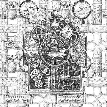 Steampunk mechanism sketch Stock Illustration