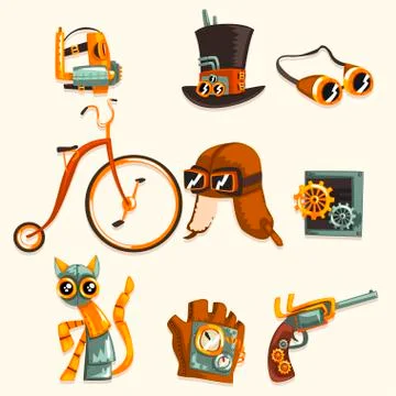 Steampunk objects and mechanism set, antique mechanical devices, clothing with Stock Illustration