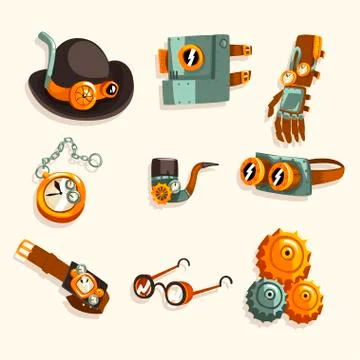 Steampunk objects set, antique mechanical devices and mechanisms vector 스톡 일러스트