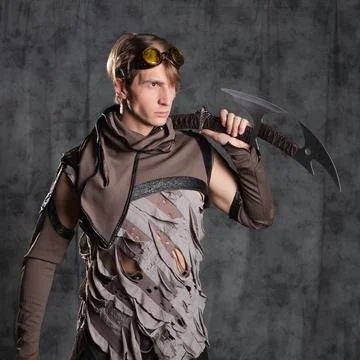 Steampunk or post-apocalyptic style character, with an unusual cold weapon Stock-Fotos
