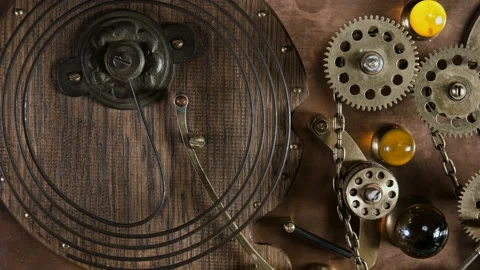 Steampunk, the pendulum beats off seconds, part of the time machine device with Stock Footage 108431027