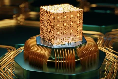 Steampunk quantum computer concept. Abstract technological background from .. Illustrazione stock