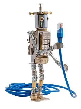 Steampunk robot holding lan cable. Chrome and bronze parts. Stock Photos