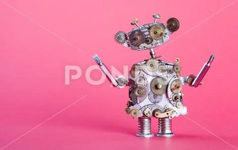 Steampunk service robot concept. Repair man with screw drivers. Aged gears, cog Stock Photos