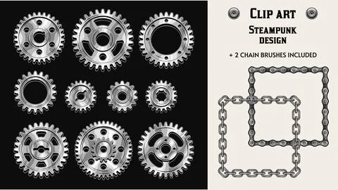 Steampunk set with gears, chains pattern brushes Stock Illustration