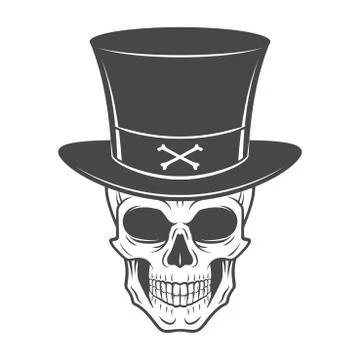 Steampunk skeleton with high hat. Smiling victorian bandit logo template. Wanted Stock Illustration