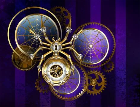 Steampunk spider on purple background Illustrazione stock